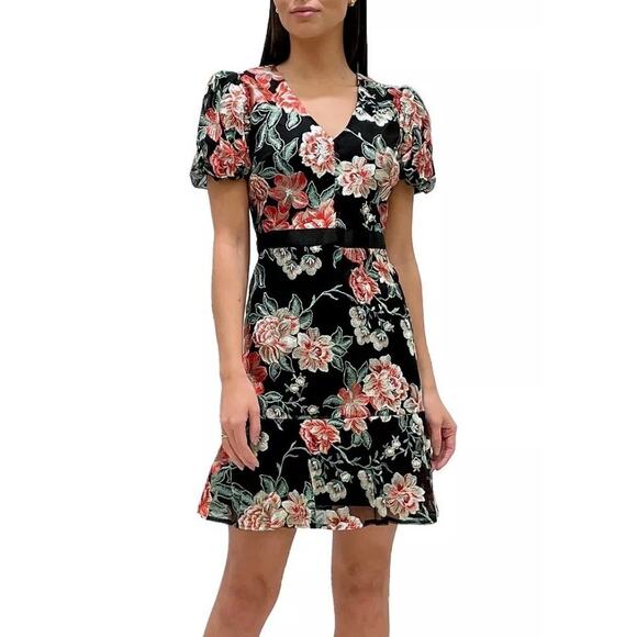 SAM EDELMAN Women Floral Embroidered Puff-Sleeve Dress Black Multi Size 12 NEW‎ - Picture 1 of 8